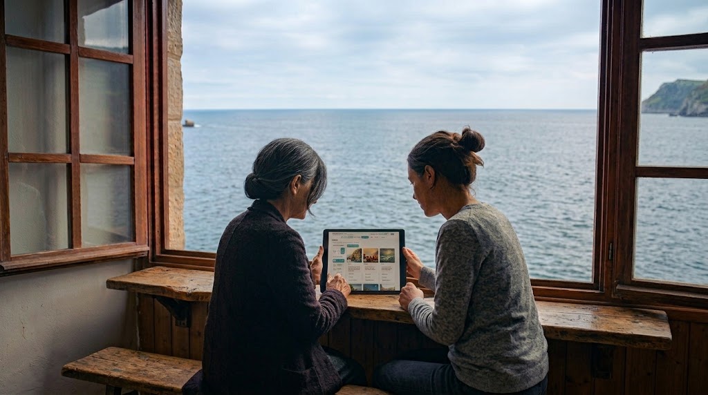 Elantxoben, itsasoaren aurrean, bi lagun Makina tablet batean erabiltzen / En Elantxobe, frente al mar, dos personas usando la Máquina en una tablet